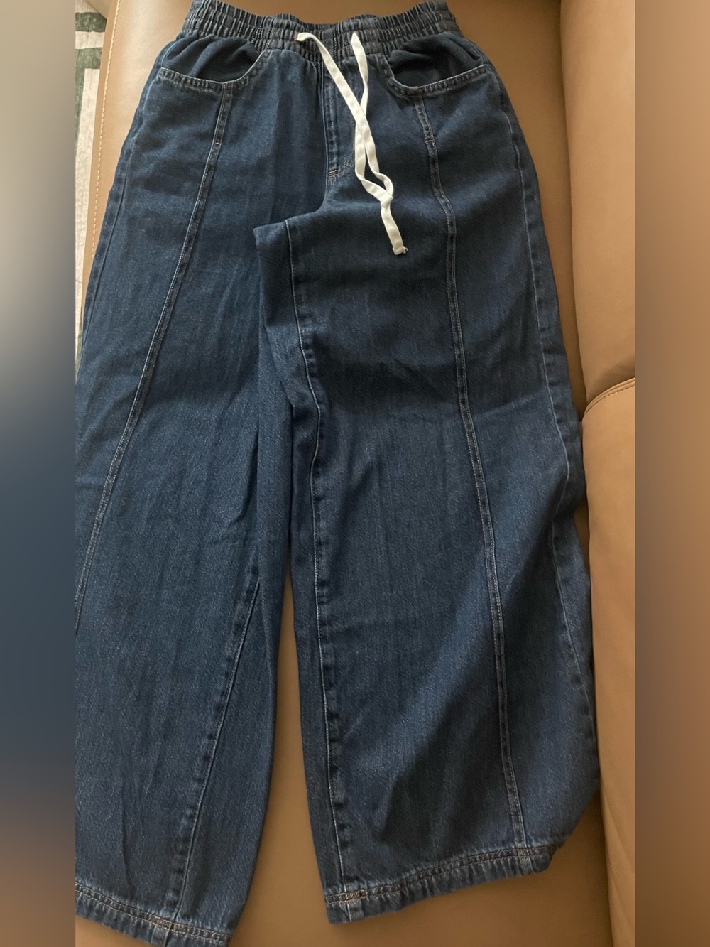Wide Leg Drawstring Jeans - Blue - Picture 2 of 7